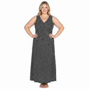 Nina Leonard 2X V Neck Summer Sleeveless Tank Navy Blue White Stripe Maxi Dress